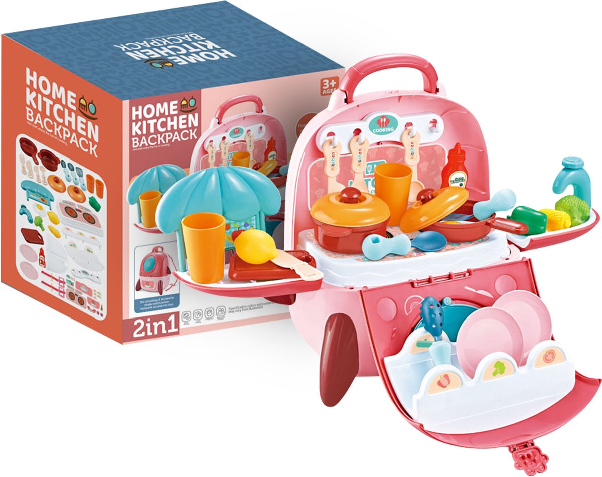 FUNFY 2-in-1 Draagbare Rugzak Speelgoedkeukenset | Veelkleurig | Materiaal: Plastic | Kookgerei, Potten, Fruit en Groenten | Vaardigheid-Opbouwend | Rollenspel | Voor Kinderen